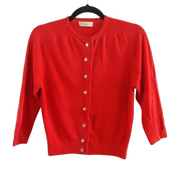 Vintage 1950s Cardigan Sweater Wool Blend Cherry Red Pearl Button Rockabilly - Picture 3 of 15